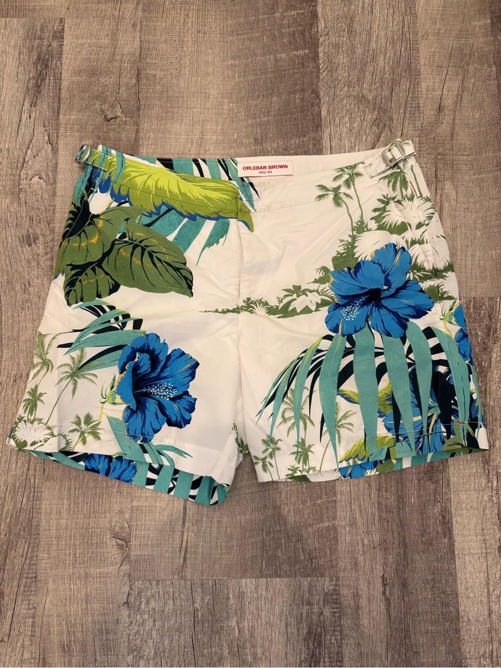 Orlebar Brown Bulldog Classic Swim Shorts Tropical Hibiscus Palm Print Size 33
